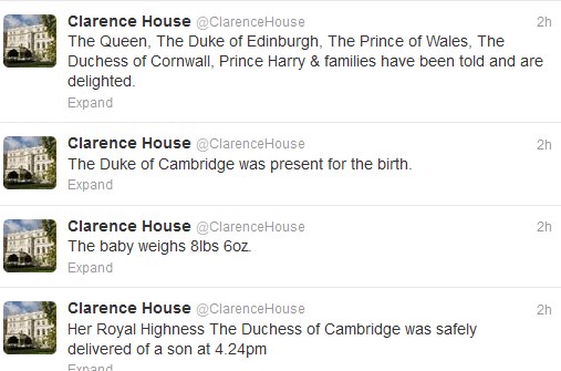 @Clarenhouse announces on Twitter birth of Royal Baby